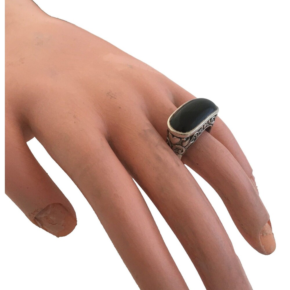 New Vtg. M Thailand Sterling Silver Black Onyx Filigree Scroll Ring - Sz. 7.75